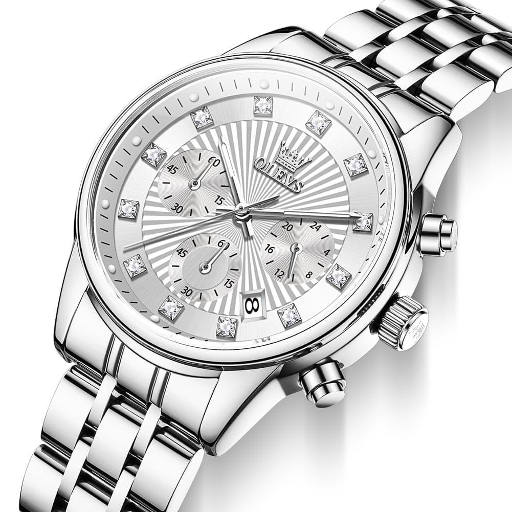 OLEVS 3669 Quartz Multi Dial Diamond Watch For Women - Steel Silver White Watch | Olevs Watch Store