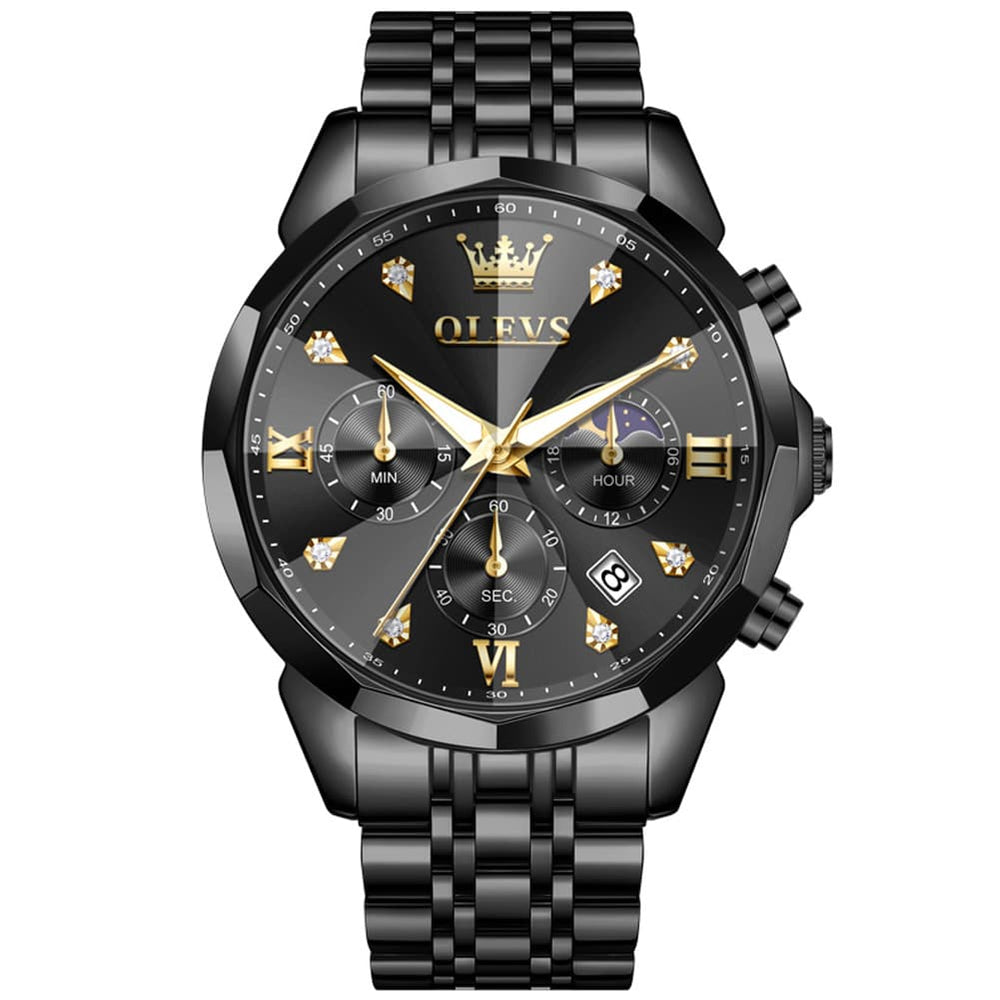 OLEVS 3670 Quartz Moon Phase Chronograph Watch For Men - All Black Watch | Olevs Watch Store