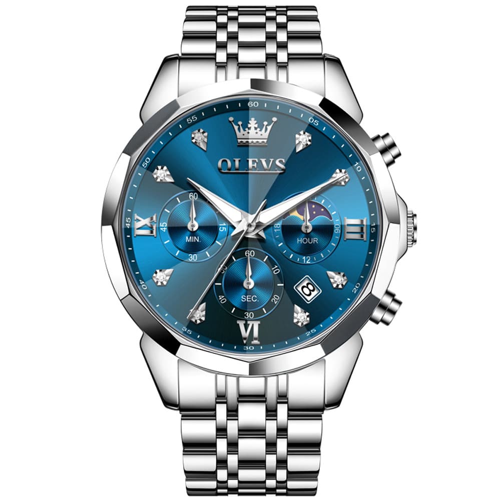 OLEVS 3670 Quartz Moon Phase Chronograph Watch For Men - Silver Blue Watch | Olevs Watch Store