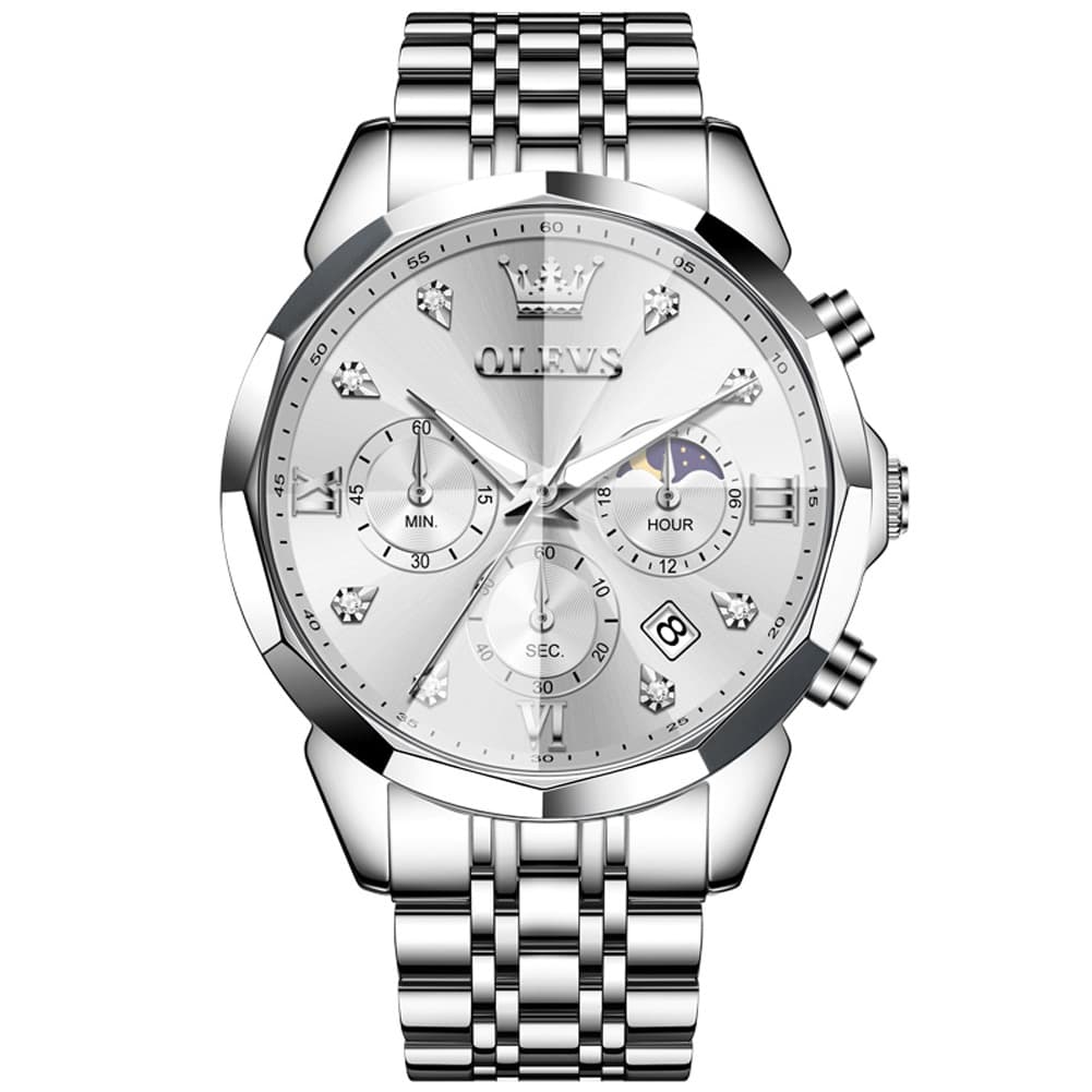 OLEVS 3670 Quartz Moon Phase Chronograph Watch For Men - Silver White Watch | Olevs Watch Store