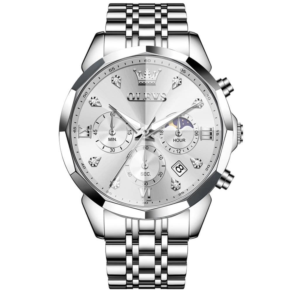 OLEVS 3670 Quartz Moon Phase Chronograph Watch For Men - Silver White Watch | Olevs Watch Store