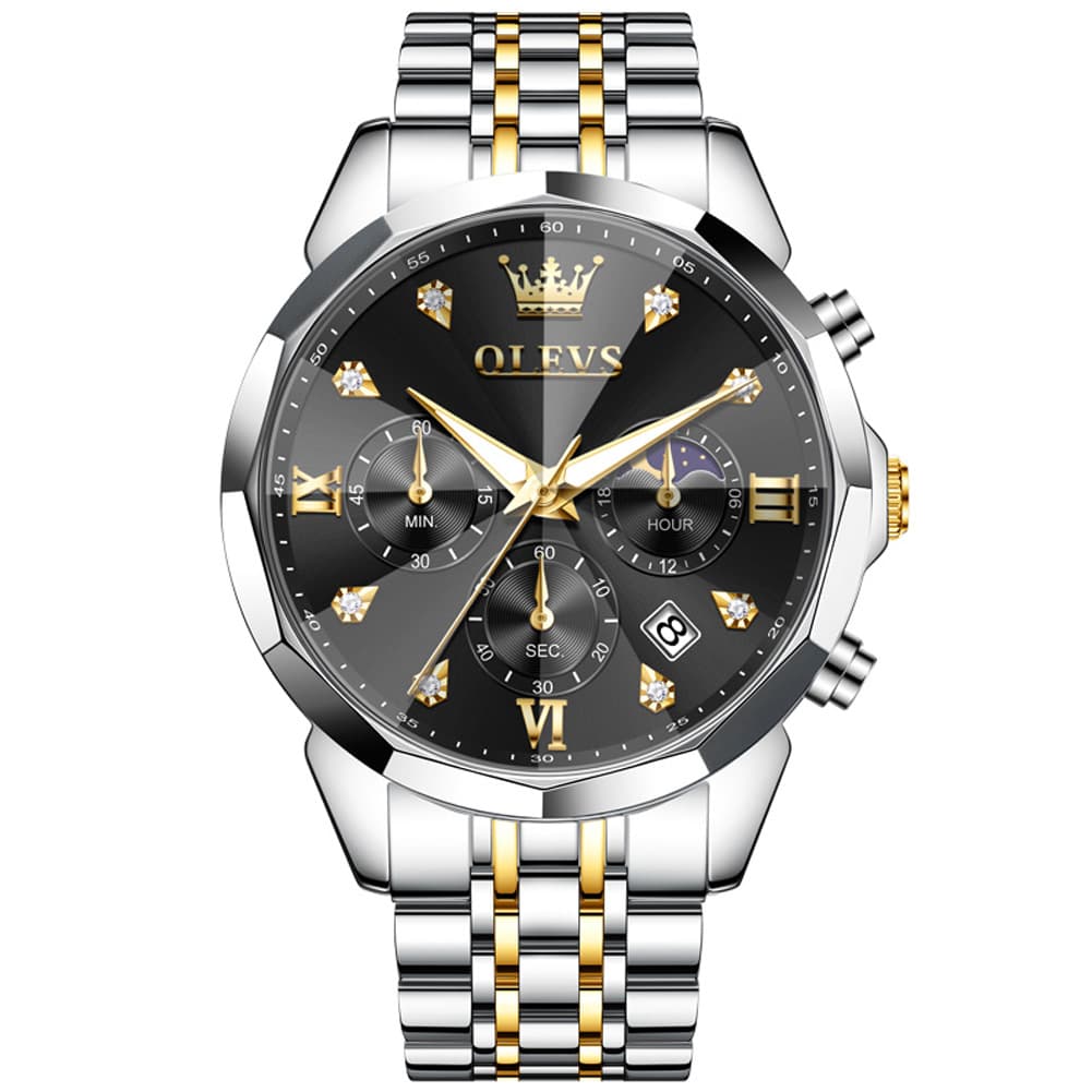 OLEVS 3670 Quartz Moon Phase Chronograph Watch For Men - Two Tone Black Watch | Olevs Watch Store