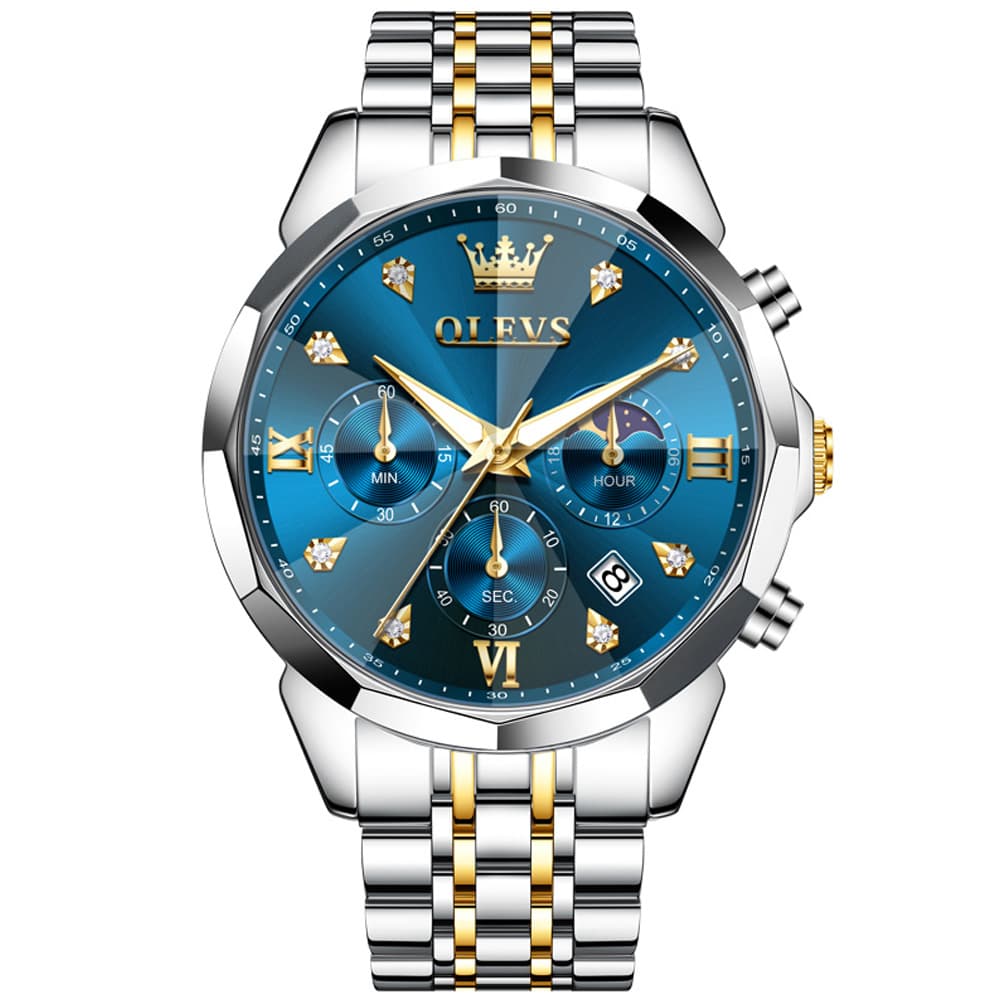 OLEVS 3670 Quartz Moon Phase Chronograph Watch For Men - Two Tone Blue Watch | Olevs Watch Store