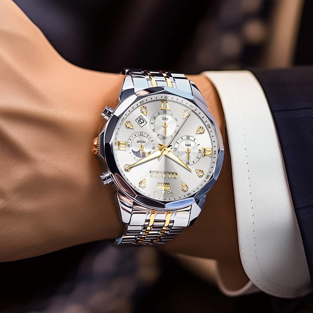 OLEVS 3670 Quartz Moon Phase Chronograph Watch For Men - Two Tone White Watch | Olevs Watch Store