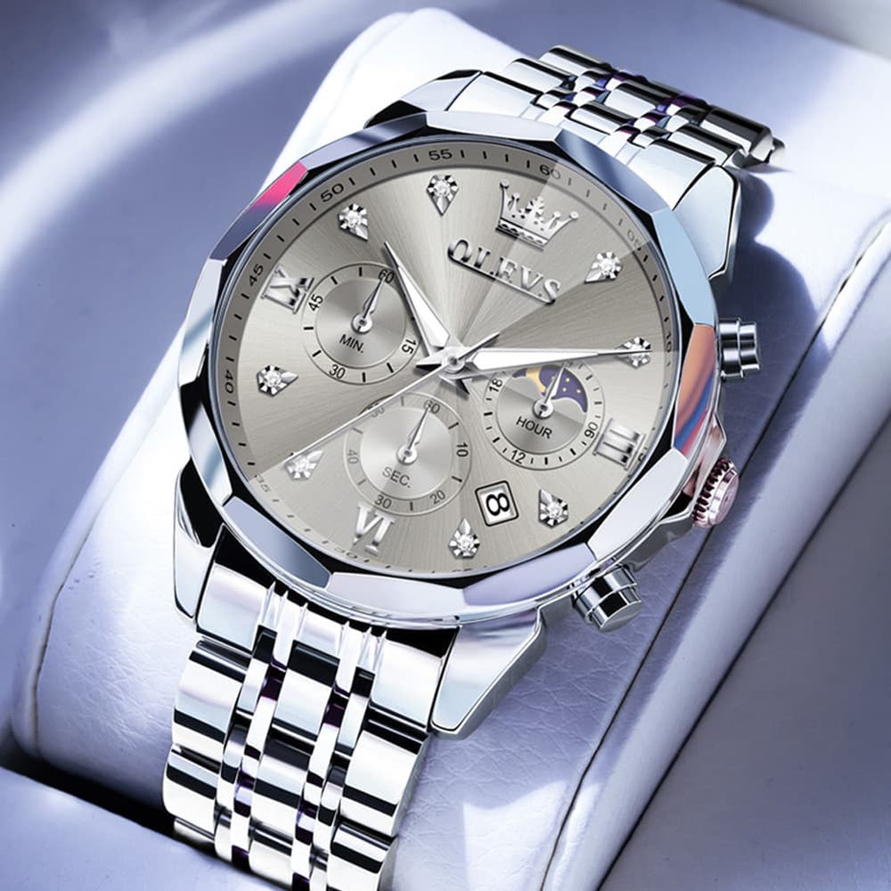 OLEVS 3670 Quartz Moon Phase Chronograph Watch For Men - Two Tone White Watch | Olevs Watch Store