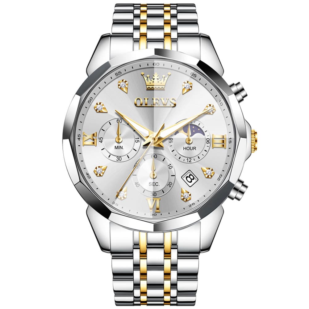 OLEVS 3670 Quartz Moon Phase Chronograph Watch For Men - Two Tone White Watch | Olevs Watch Store