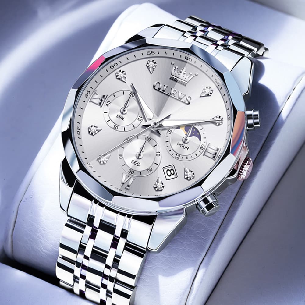 OLEVS 3670 Quartz Moon Phase Chronograph Watch For Men - Two Tone White Watch | Olevs Watch Store