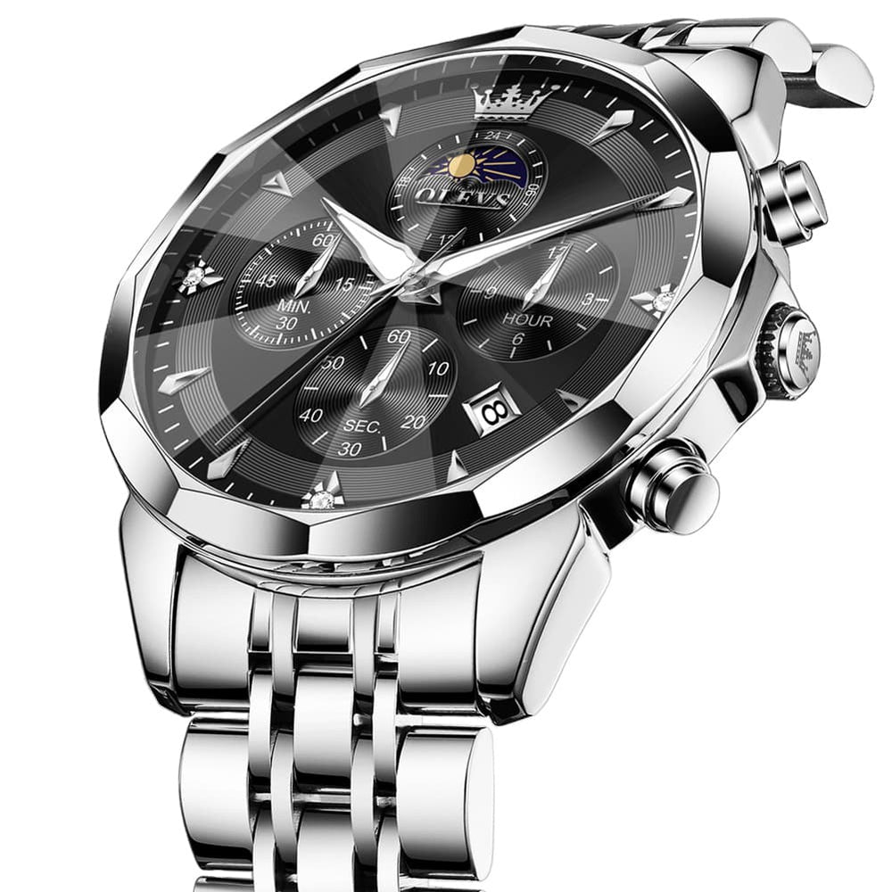 OLEVS 3673 Quartz 3D Rhombic Mirror Chronograph Watch For Men - All Black Watch | Olevs Watch Store