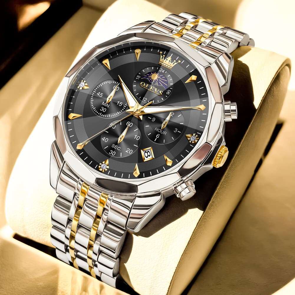 OLEVS 3673 Quartz 3D Rhombic Mirror Chronograph Watch For Men