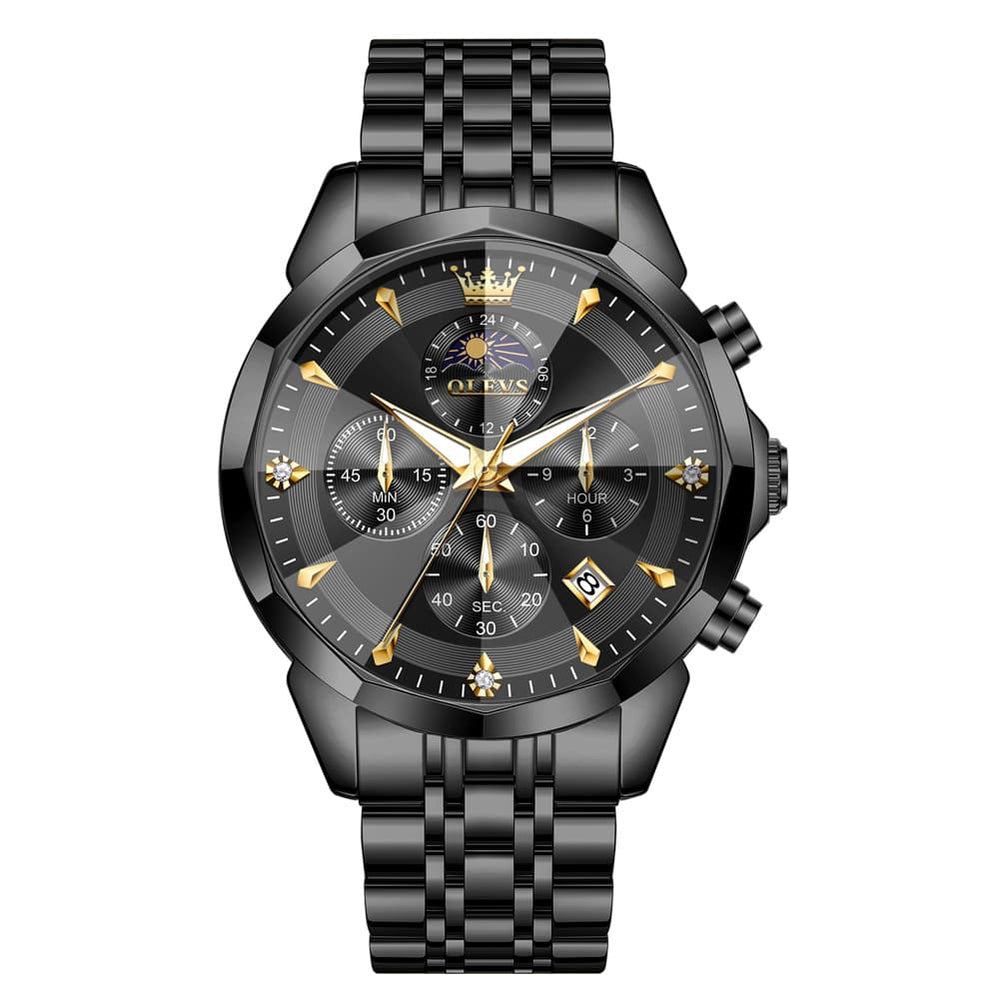 OLEVS 3673 Quartz 3D Rhombic Mirror Chronograph Watch For Men - All Black Watch | Olevs Watch Store