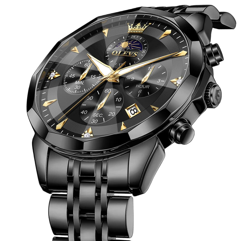 OLEVS 3673 Quartz 3D Rhombic Mirror Chronograph Watch For Men - All Black Watch | Olevs Watch Store