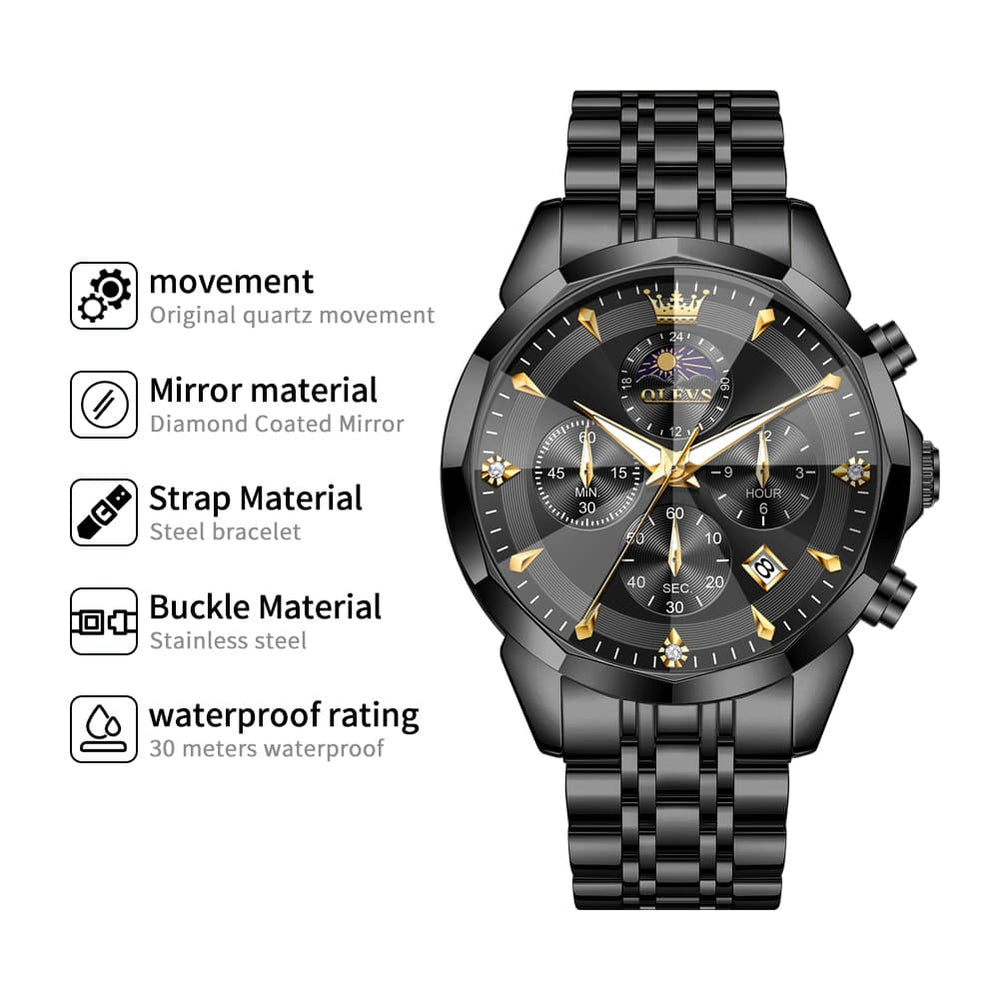 OLEVS 3673 Quartz 3D Rhombic Mirror Chronograph Watch For Men - All Black Watch | Olevs Watch Store