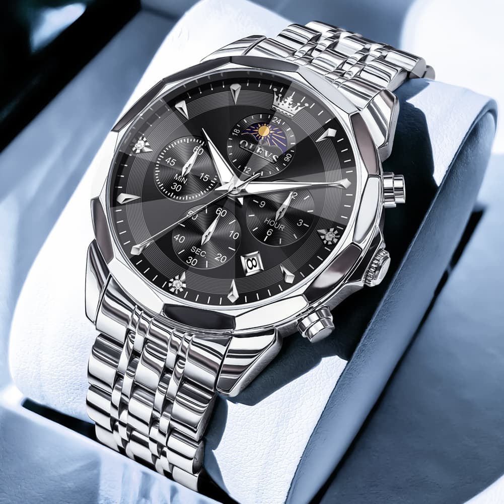 OLEVS 3673 Quartz 3D Rhombic Mirror Chronograph Watch For Men - All Black Watch | Olevs Watch Store