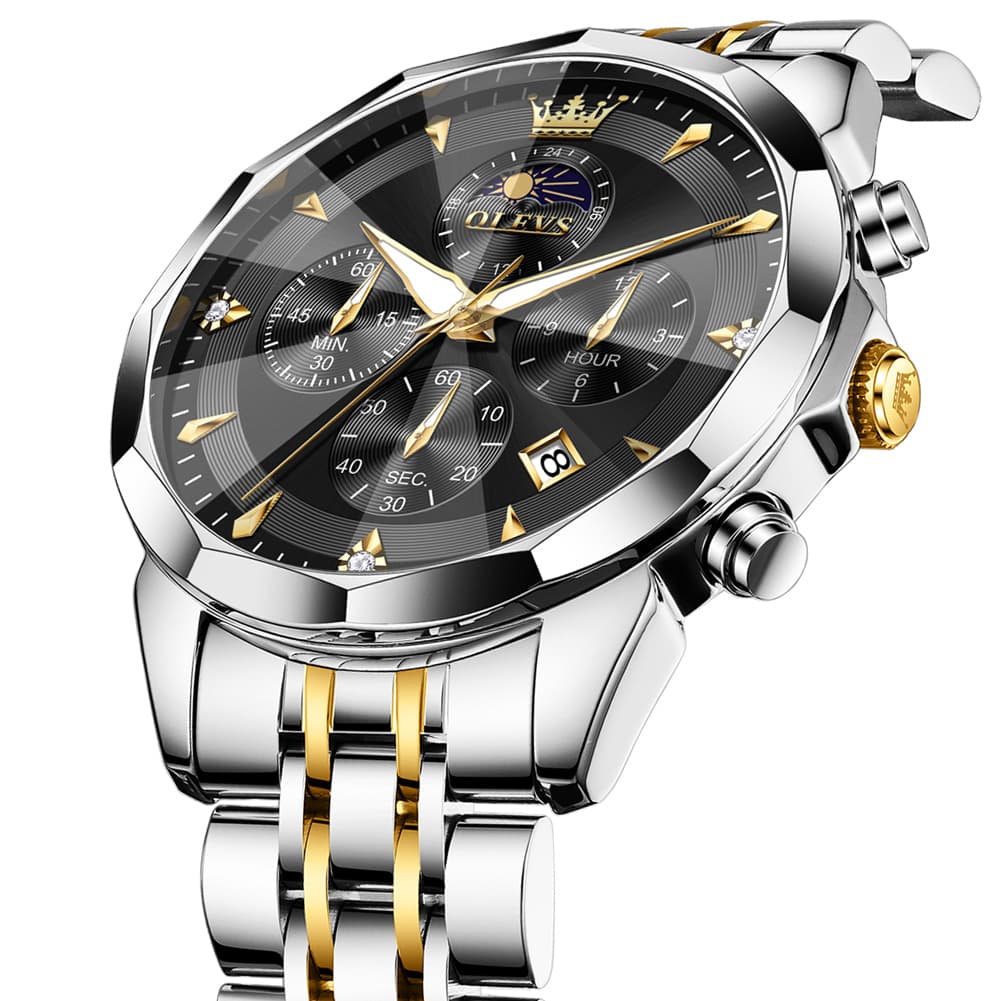 OLEVS 3673 Quartz 3D Rhombic Mirror Chronograph Watch For Men - All Black Watch | Olevs Watch Store