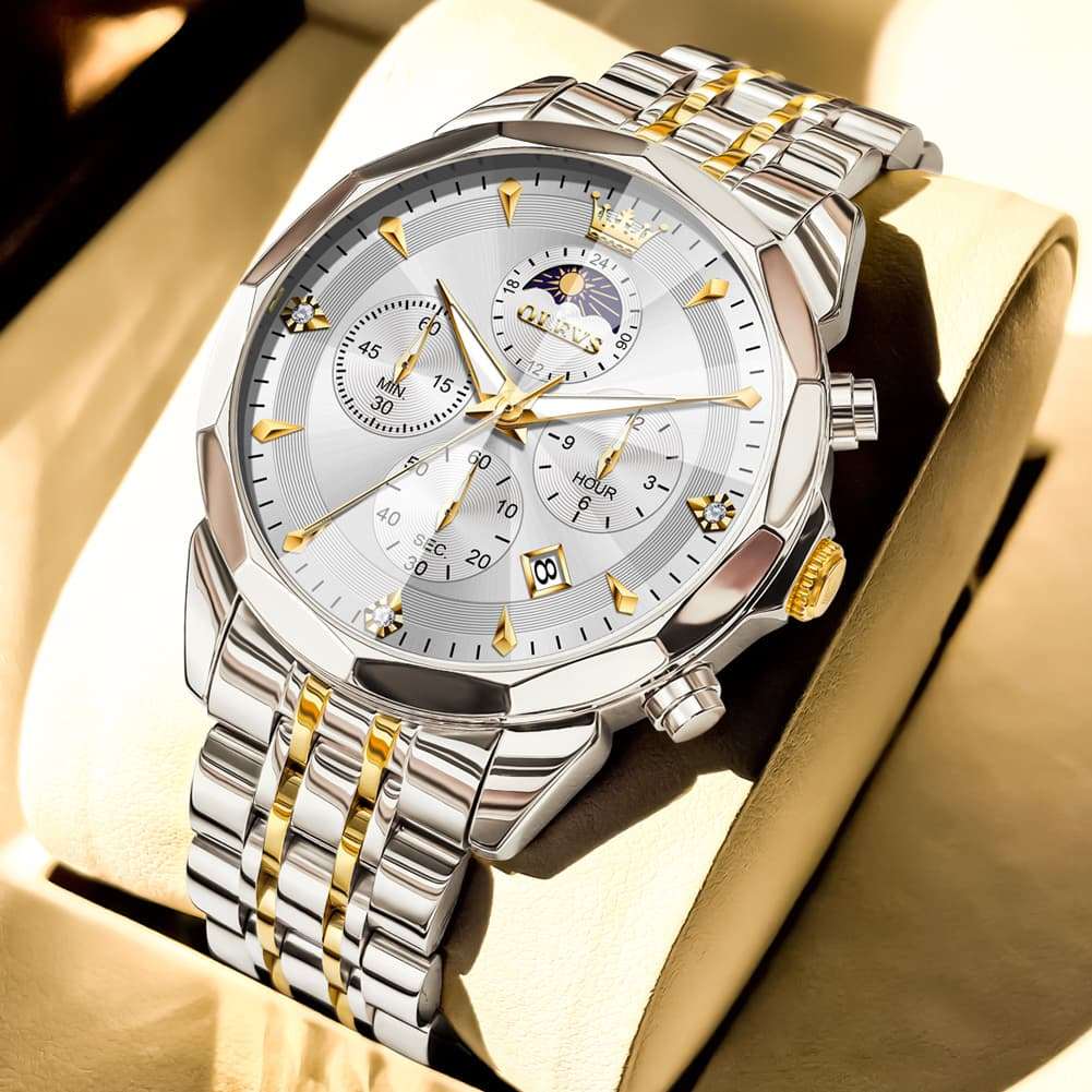 OLEVS 3673 Quartz 3D Rhombic Mirror Chronograph Watch For Men