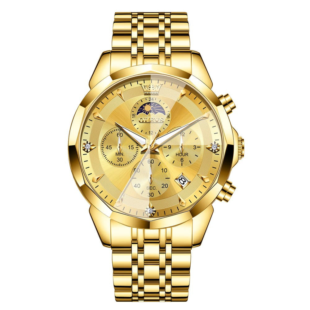 OLEVS 3673 Quartz 3D Rhombic Mirror Chronograph Watch For Men - All Gold Watch | Olevs Watch Store
