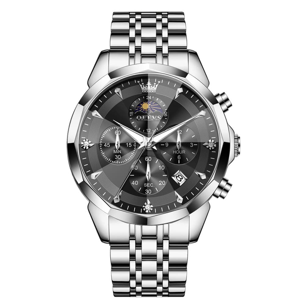 OLEVS 3673 Quartz 3D Rhombic Mirror Chronograph Watch For Men - Silver Black Watch | Olevs Watch Store
