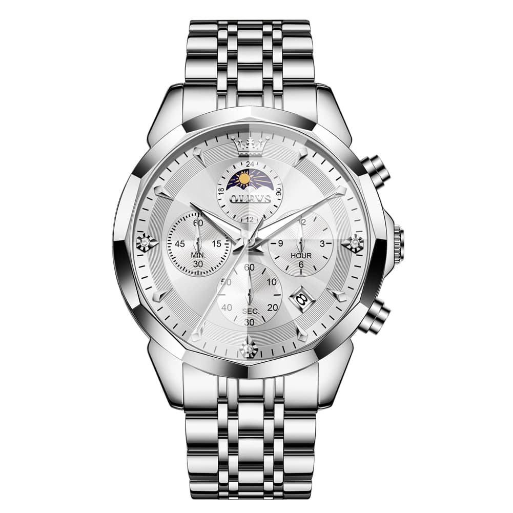 OLEVS 3673 Quartz 3D Rhombic Mirror Chronograph Watch For Men - Silver White Watch | Olevs Watch Store