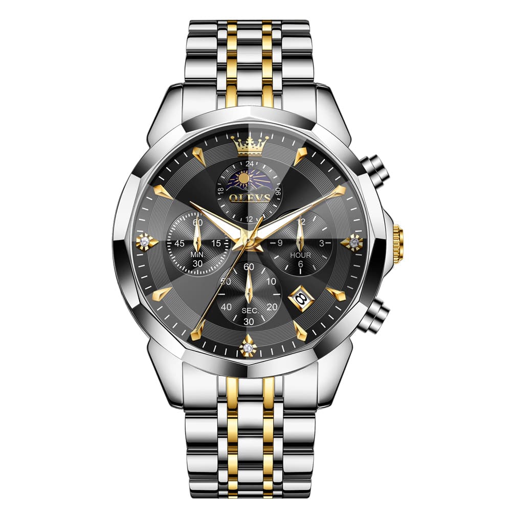 OLEVS 3673 Quartz 3D Rhombic Mirror Chronograph Watch For Men - Two Tone Black Watch | Olevs Watch Store
