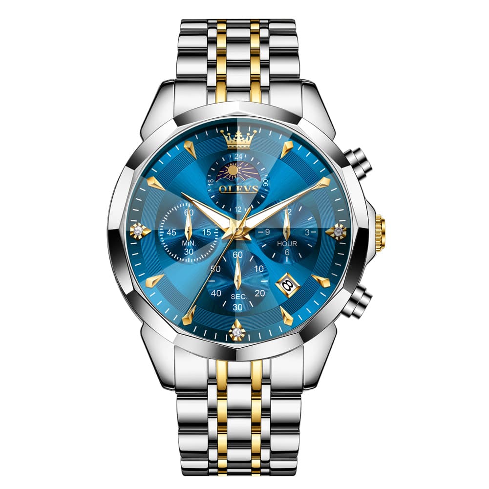 OLEVS 3673 Quartz 3D Rhombic Mirror Chronograph Watch For Men - Two Tone Blue Watch | Olevs Watch Store