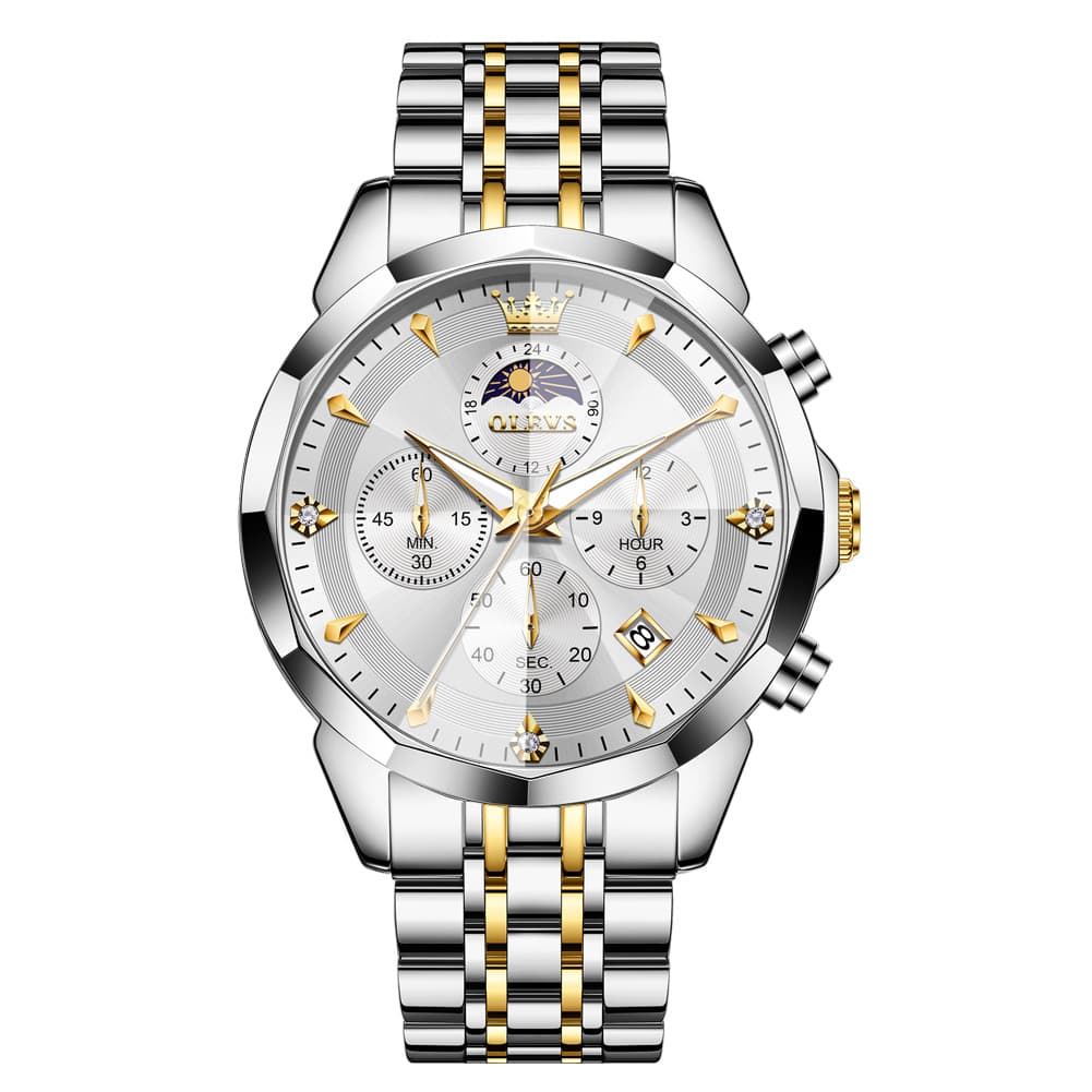 OLEVS 3673 Quartz 3D Rhombic Mirror Chronograph Watch For Men - Two Tone White Watch | Olevs Watch Store