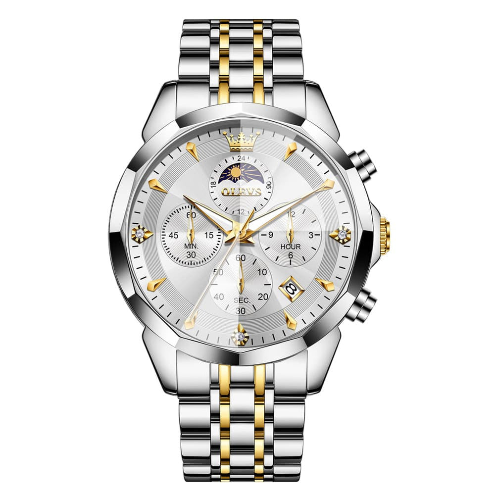 OLEVS 3673 Quartz 3D Rhombic Mirror Chronograph Watch For Men - Two Tone White Watch | Olevs Watch Store
