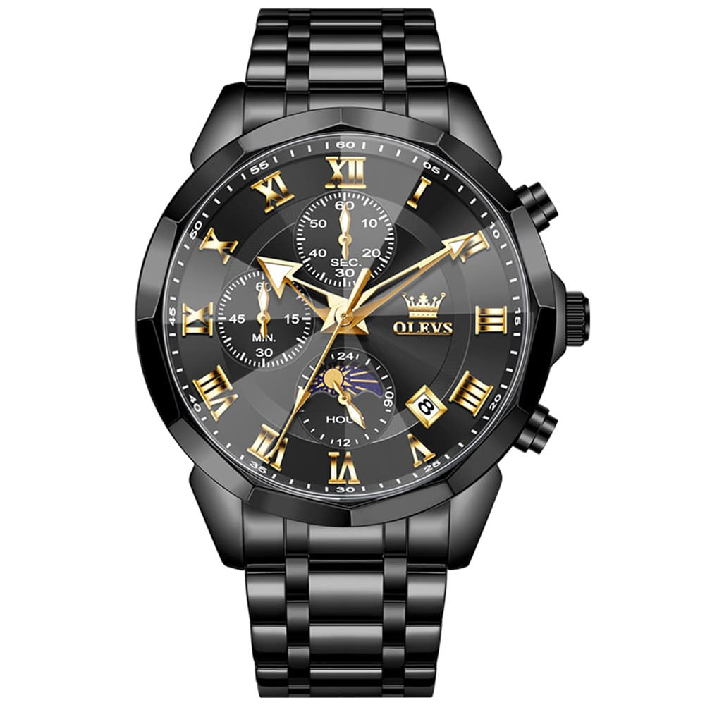 OLEVS 3675 Quartz 3D Rhombic Roman Chronograph Watch For Men - All Black Watch | Olevs Watch Store