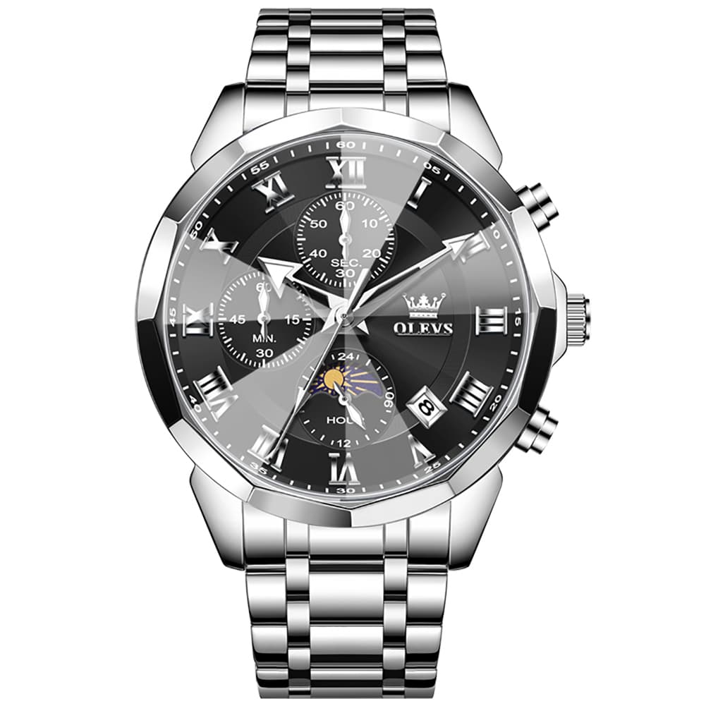 OLEVS 3675 Quartz 3D Rhombic Roman Chronograph Watch For Men - Silver Black Watch | Olevs Watch Store