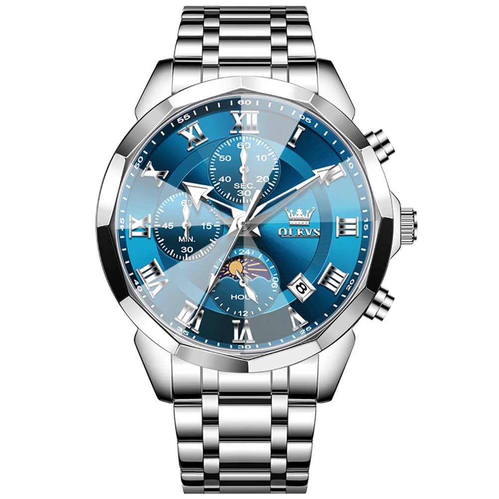 OLEVS 3675 Quartz 3D Rhombic Roman Chronograph Watch For Men - Silver Blue Watch | Olevs Watch Store