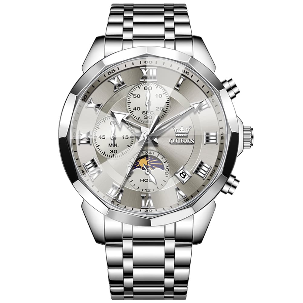 OLEVS 3675 Quartz 3D Rhombic Roman Chronograph Watch For Men - Silver Grey Watch | Olevs Watch Store