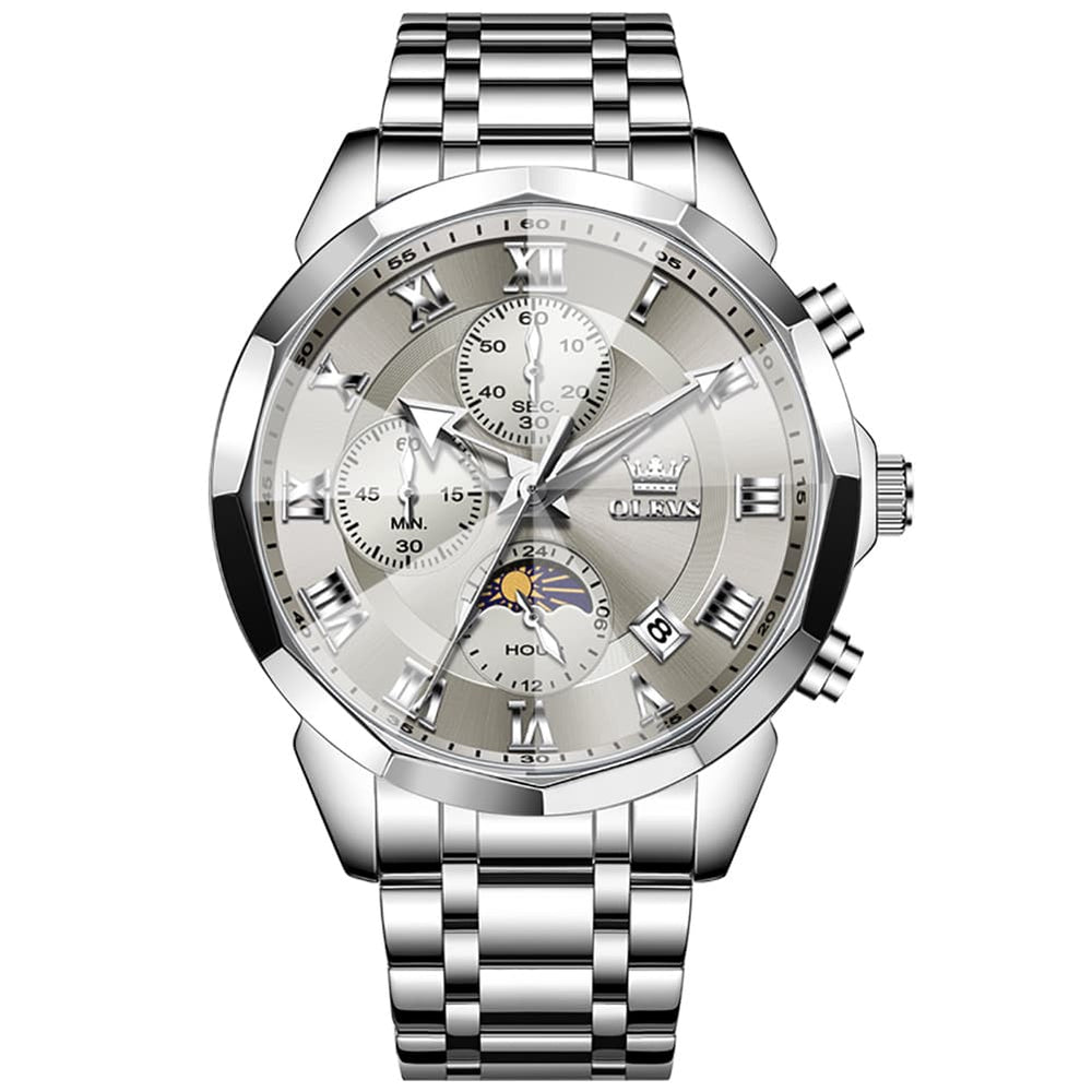 OLEVS 3675 Quartz 3D Rhombic Roman Chronograph Watch For Men - Silver Grey Watch | Olevs Watch Store