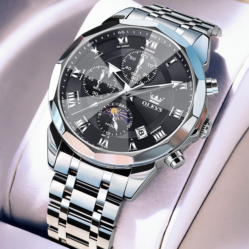 OLEVS 3675 Quartz 3D Rhombic Roman Chronograph Watch For Men - Silver White Watch | Olevs Watch Store