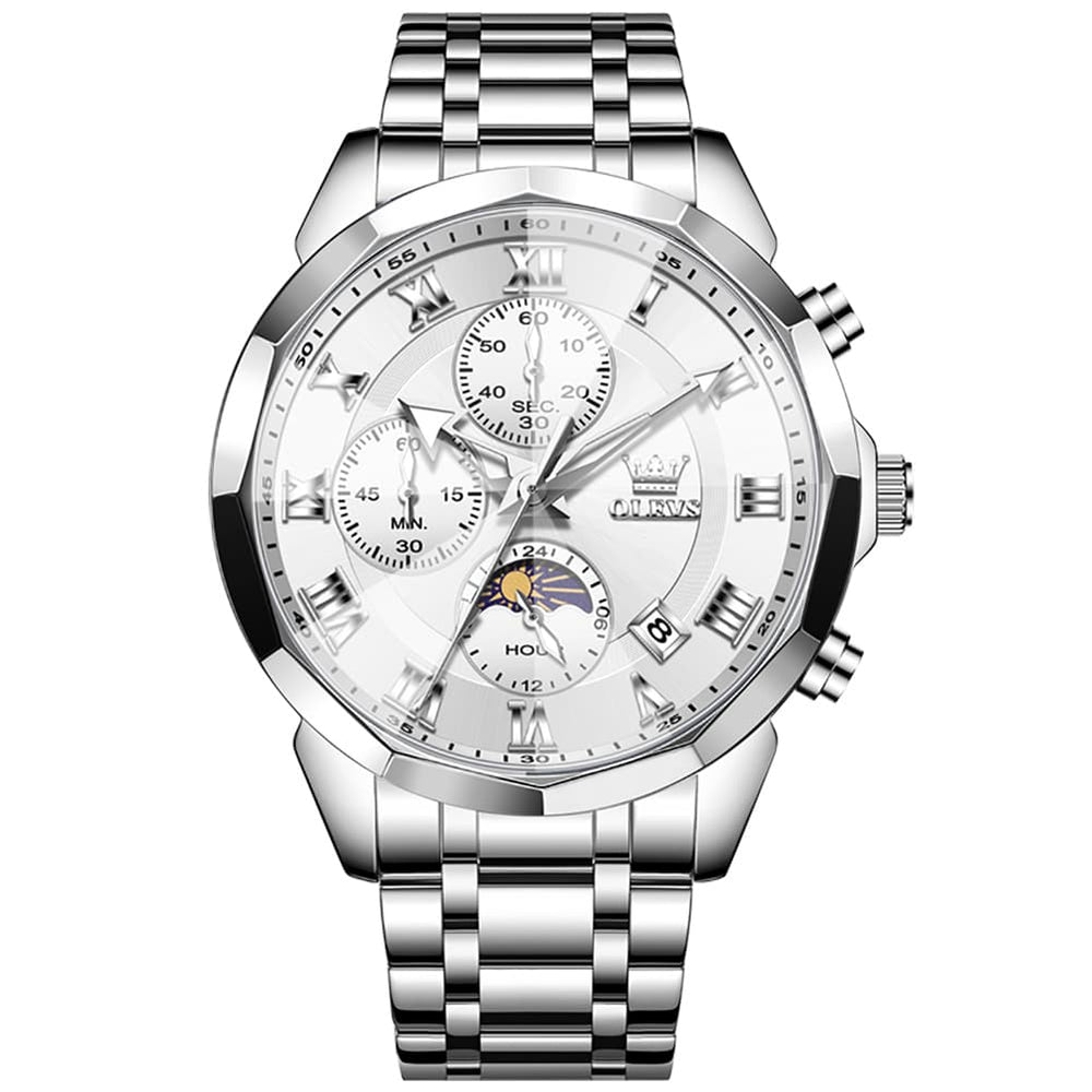 OLEVS 3675 Quartz 3D Rhombic Roman Chronograph Watch For Men - Silver White Watch | Olevs Watch Store