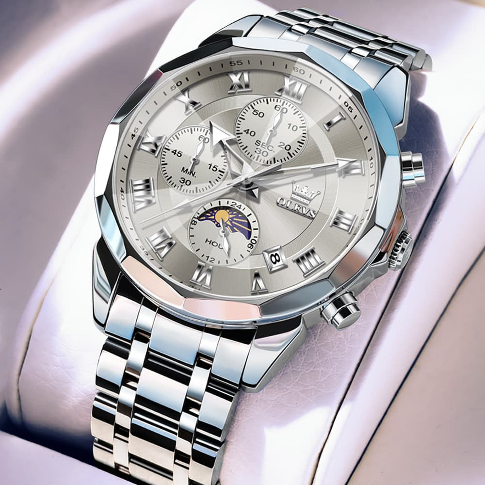 OLEVS 3675 Quartz 3D Rhombic Roman Chronograph Watch For Men - Silver White Watch | Olevs Watch Store
