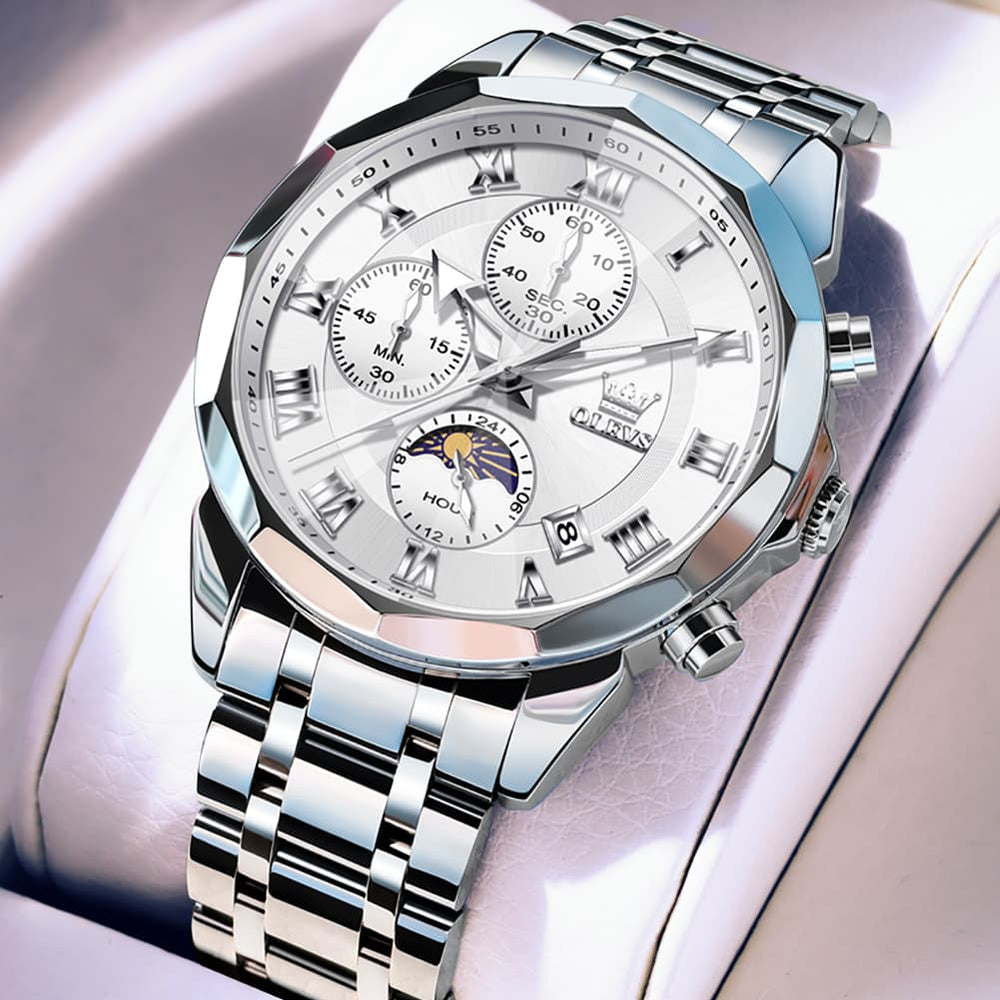 OLEVS 3675 Quartz 3D Rhombic Roman Chronograph Watch For Men - Silver White Watch | Olevs Watch Store