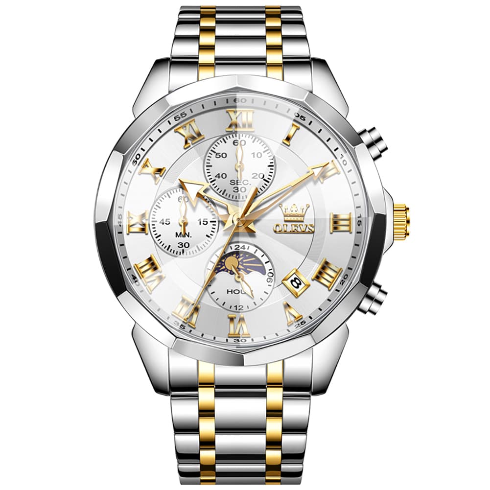 OLEVS 3675 Quartz 3D Rhombic Roman Chronograph Watch For Men - Two Tone White Watch | Olevs Watch Store