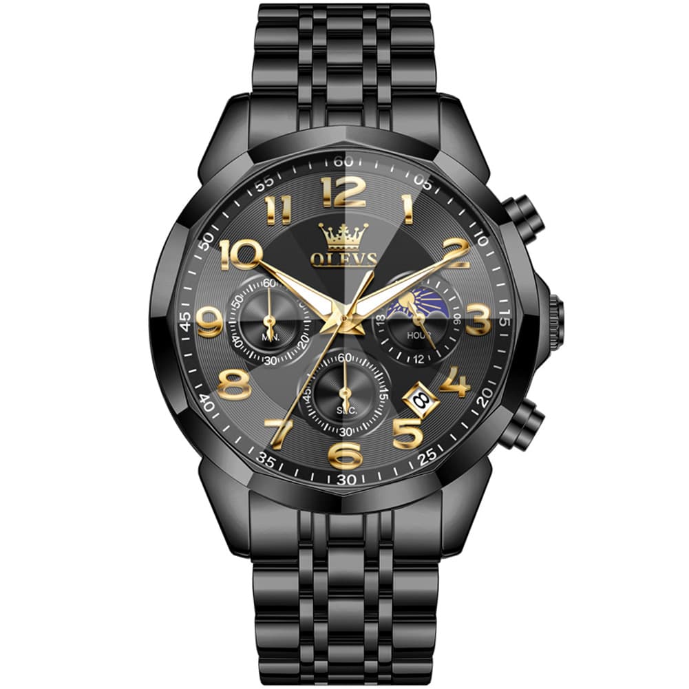OLEVS 3676 Quartz 3D Rhombic Chronograph Watch For Men - All Black Watch | Olevs Watch Store