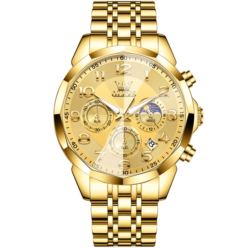 OLEVS 3676 Quartz 3D Rhombic Chronograph Watch For Men - All Gold Watch | Olevs Watch Store