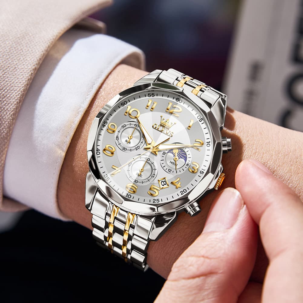 OLEVS 3676 Quartz 3D Rhombic Chronograph Watch For Men - Two-tone white Watch | Olevs Watch Store