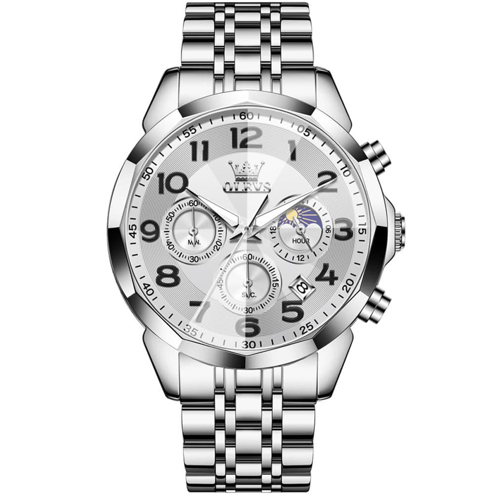 OLEVS 3676 Quartz 3D Rhombic Chronograph Watch For Men - Silver White Watch | Olevs Watch Store
