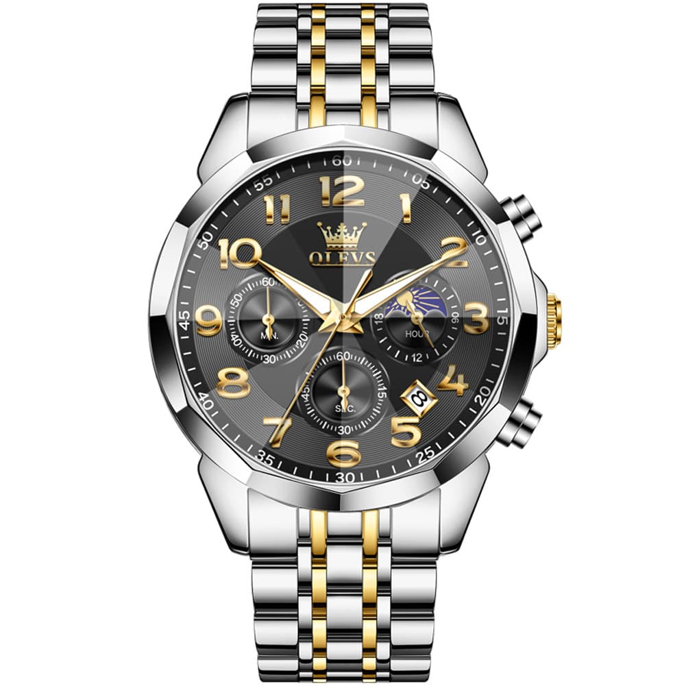 OLEVS 3676 Quartz 3D Rhombic Chronograph Watch For Men - Two Tone Black Watch | Olevs Watch Store