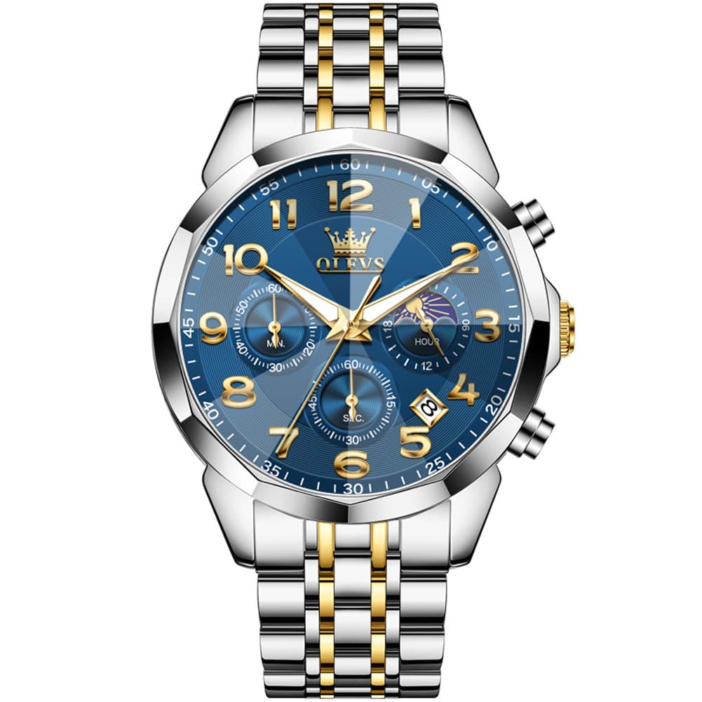 OLEVS 3676 Quartz 3D Rhombic Chronograph Watch For Men - Two Tone Blue Watch | Olevs Watch Store