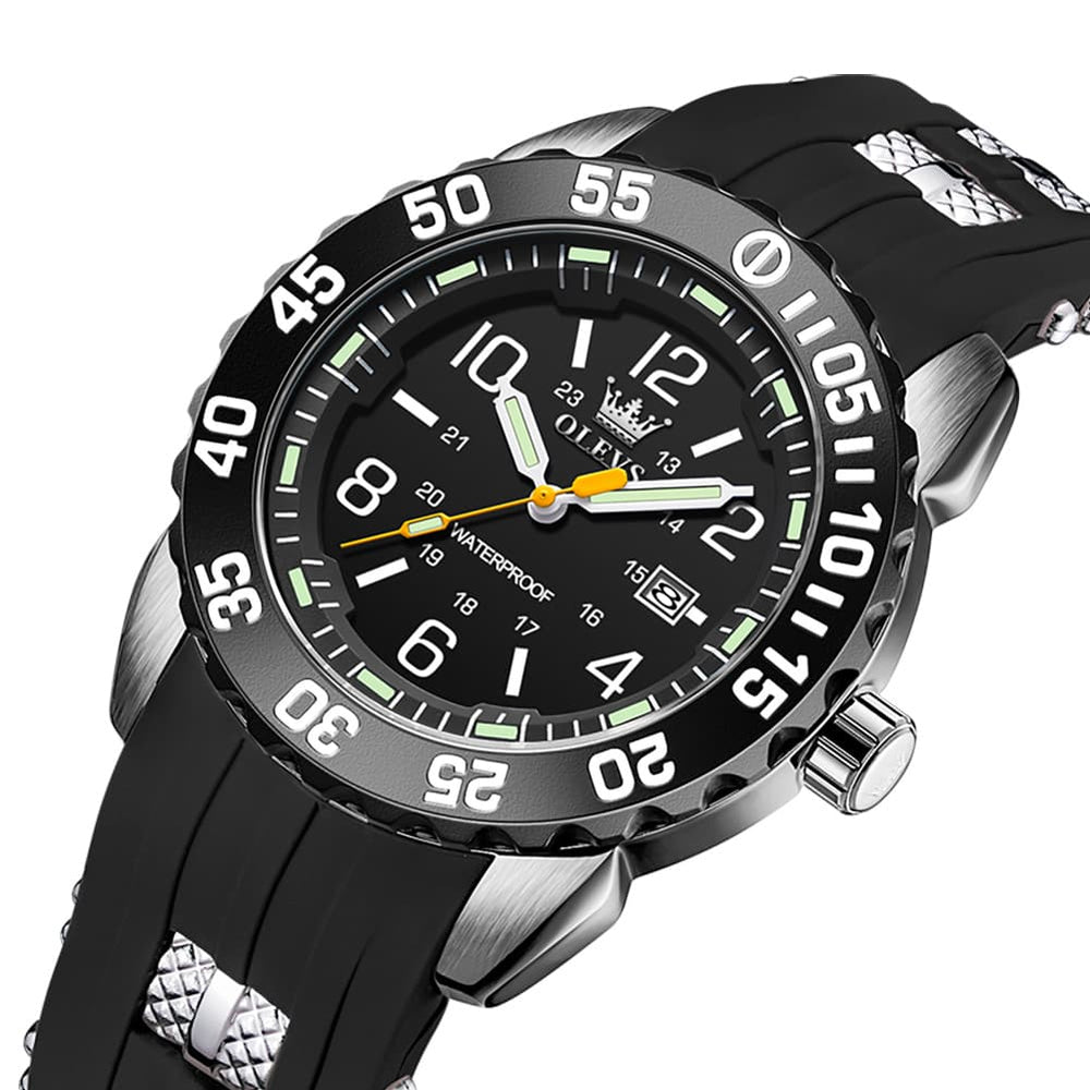 OLEVS 3688 Sport Silicone Quartz Luminous Mens Watch - Solid Black Watch | Olevs Watch Store