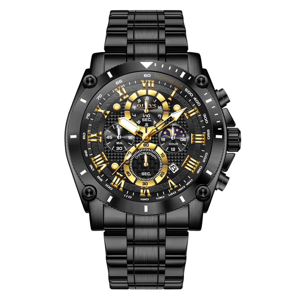OLEVS 3689 Luxury Chronograph Moon Phase Quartz Watch for Men - All Black Watch | Olevs Watch Store