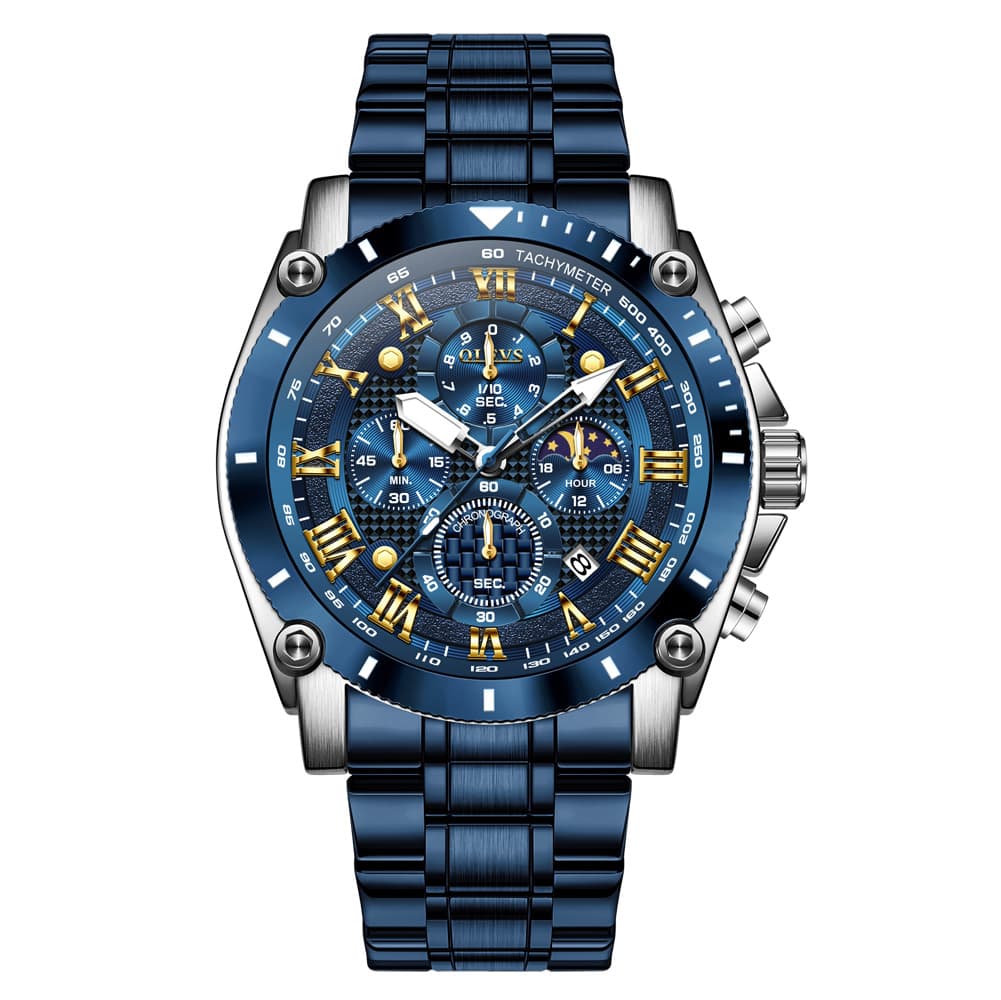 OLEVS 3689 Luxury Chronograph Moon Phase Quartz Watch for Men - All Blue Watch | Olevs Watch Store