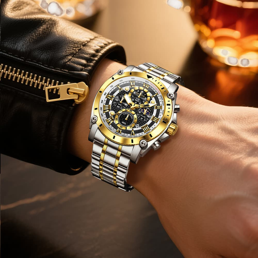 OLEVS 3689 Luxury Chronograph Moon Phase Quartz Watch for Men - All Gold Watch | Olevs Watch Store