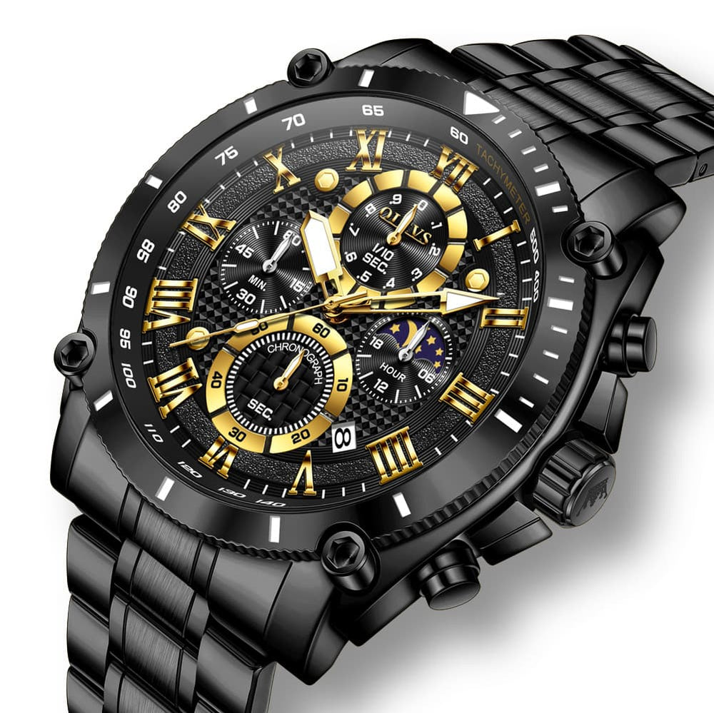 OLEVS 3689 Luxury Chronograph Moon Phase Quartz Watch for Men - All Gold Watch | Olevs Watch Store