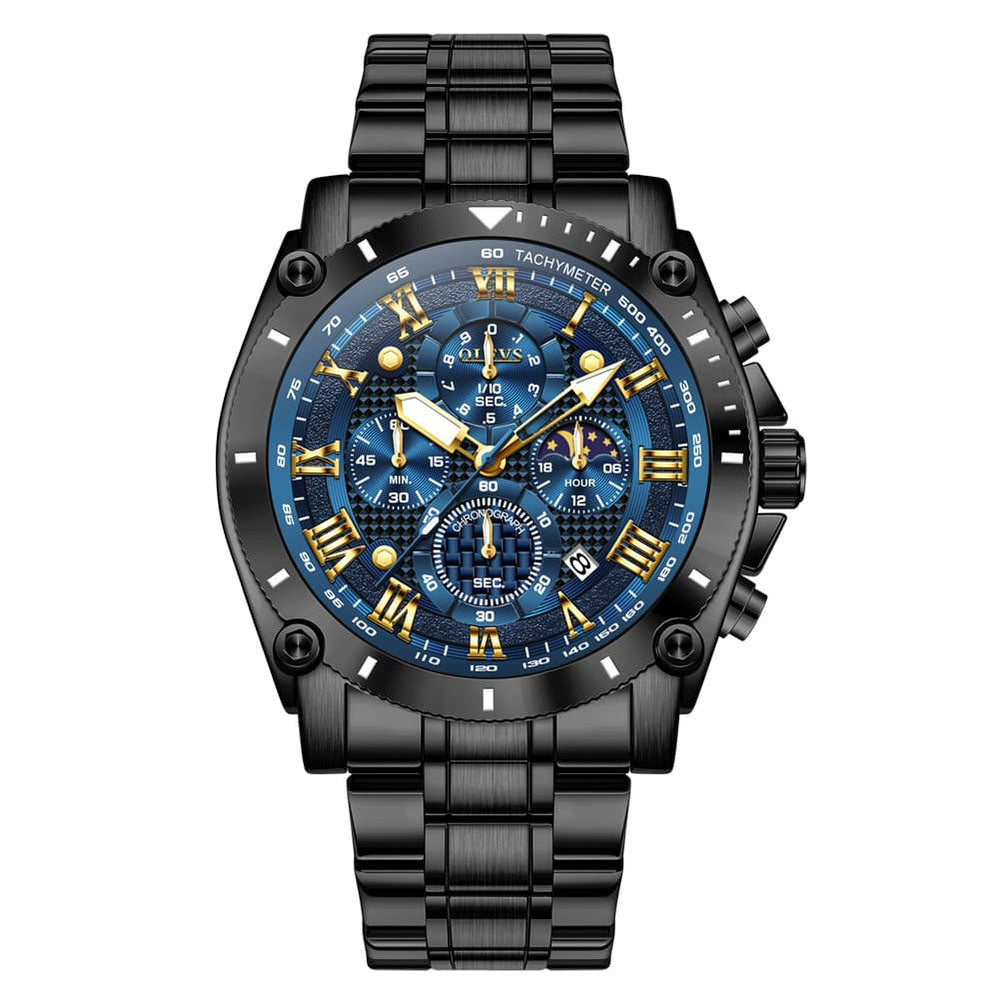 OLEVS 3689 Luxury Chronograph Moon Phase Quartz Watch for Men - Blue Black Watch | Olevs Watch Store