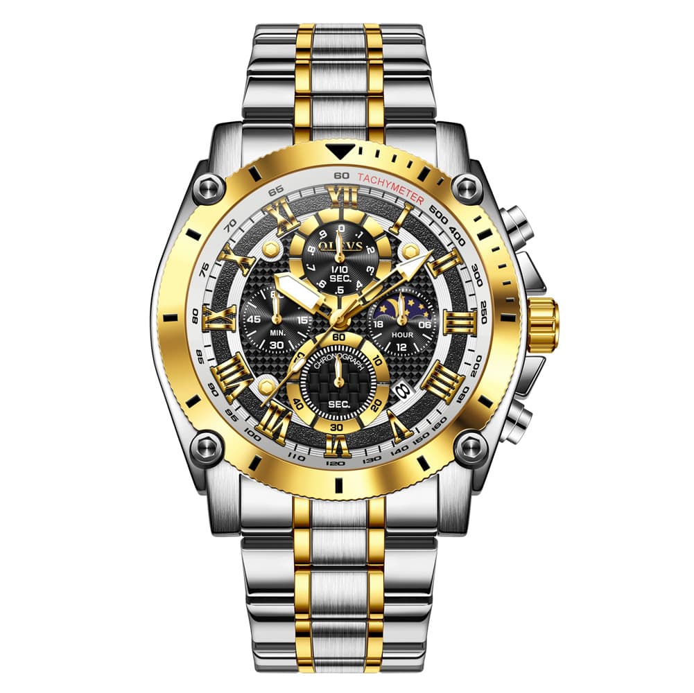 OLEVS 3689 Luxury Chronograph Moon Phase Quartz Watch for Men - Two Tone Black Watch | Olevs Watch Store