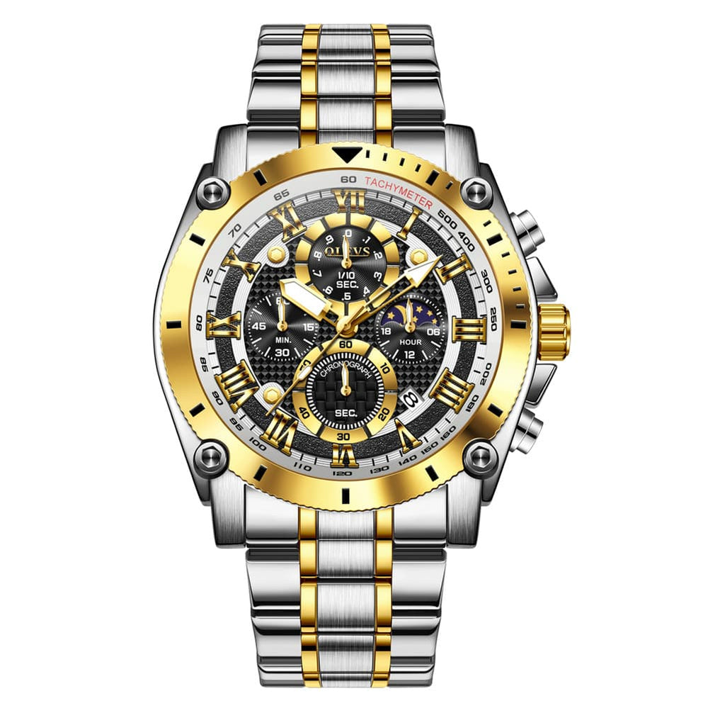 OLEVS 3689 Luxury Chronograph Moon Phase Quartz Watch for Men - Two Tone Black Watch | Olevs Watch Store